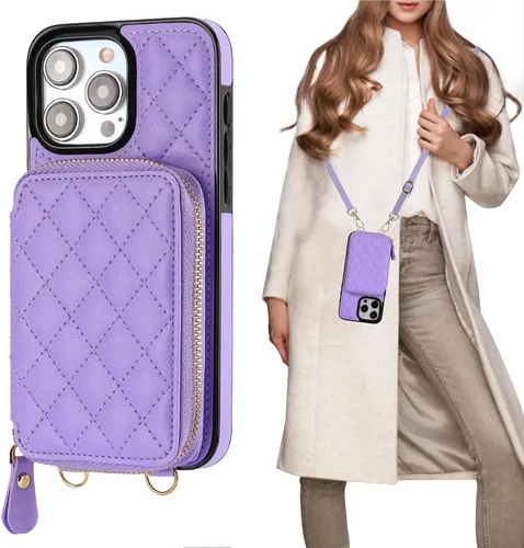 Miniatura 11 de Bocasal Funda tipo cartera cruzada para iPhone 15 Pro Max, con bloqueo RFID, de piel sintética, con cremallera, funda tipo cartera con función atril