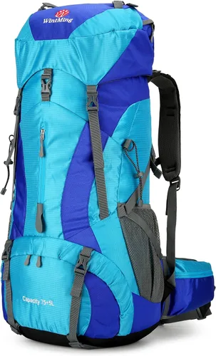 Miniatura 9 de Mochila de senderismo para hombres y mujeres, 70L+5L, impermeable, ligera, mochila de camping con cubierta de lluvia, sin marco (negro, b)