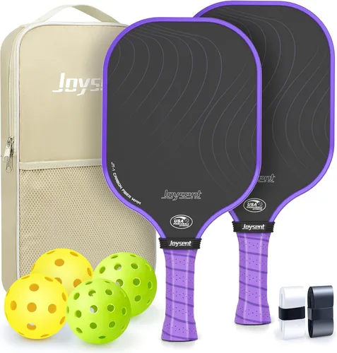 Juego de 2 palas de pickleball aprobadas por USAPA de fibra de carbono con raquetas de pickleball para principiantes, bolas de pepinillo para Púrpura