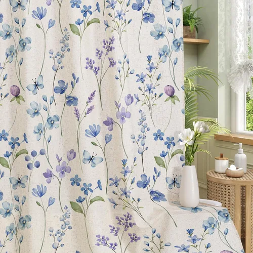 Miniatura 33 de Litabel Cortina de ducha con diseño floral de acuarela, cortina de ducha de flores de mariposa azul para baño, juego de cortina de ducha moderna