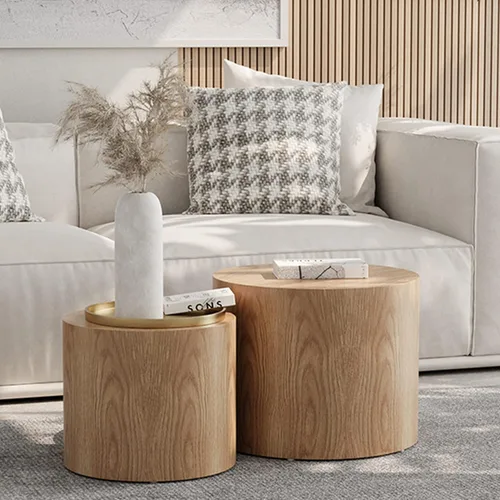 Miniatura 31 de WILLIAMSPACE Juego de 2 mesas de centro anidables, mesas de centro redondas de madera, mesa moderna circular para espacios pequeños, sala de estar