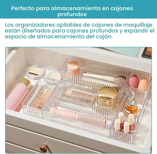 Miniatura 3 de Vtopmart 7 PCS Organizadores de Cajones Transparentes, Bandejas Organizadoras de Cajones de Maquillaje y Tocador Apilables de 4 Tamaños