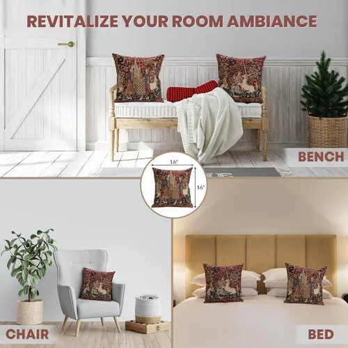 Miniatura 5 de Charlotte Home Furnishings - Funda de almohada para sofá de 16 x 16 pulgadas, funda de almohada decorativa roja Dama y Unicornio, tapiz medieval
