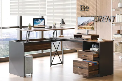 Miniatura 10 de Bestier Escritorio de pie en forma de L con parte superior elevadora, escritorio esquinero de pie de 55 x 55 pulgadas para oficina en casa