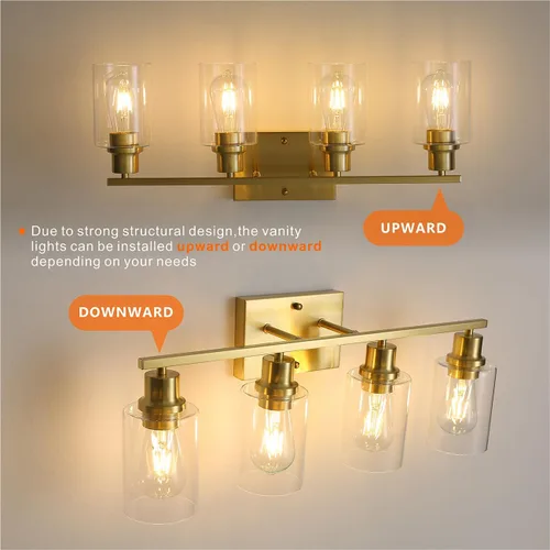 Miniatura 7 de Luces de tocador de baño de oro cepillado para baño, accesorios de iluminación de baño de 4 luces sobre el espejo, apliques de pared de latón