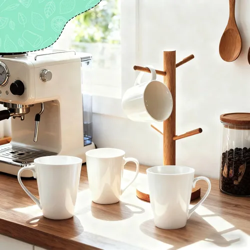 Miniatura 7 de Juego de tazas de café de 10 onzas, 4 tazas de café de cerámica blanca lisa, tazas de porcelana con asa, taza en forma de V para café con leche