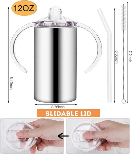 Miniatura 2 de Vasos para sorber de acero inoxidable de 12 onzas para niños pequeños con asas, a prueba de derrames, doble pared aislada al vacío, vasos de paja