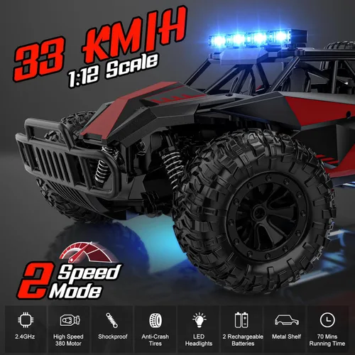 Miniatura 2 de BLUEJAY Coche de Control Remoto, Coches RC Juguetes de Alta Velocidad de 2.4GHz 33KM/H, Camión RC Monstruo Todoterreno a Escala 1:12 con Faros LED