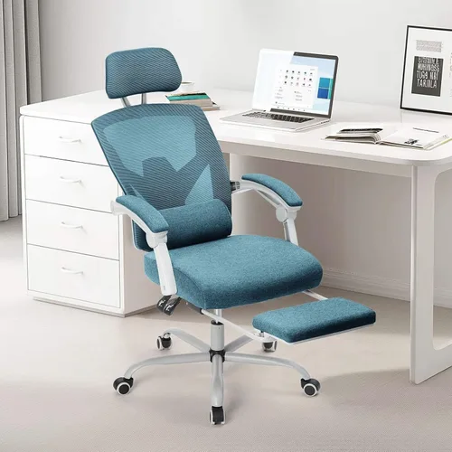 Miniatura 10 de Silla ergonómica de escritorio para computadora de oficina con almohada lumbar y reposapiés retráctil, sillones giratorios de malla con respaldo