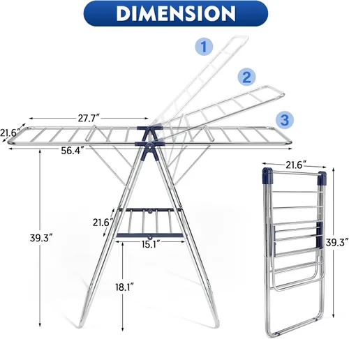 Miniatura 2 de APEXCHASER Estante de Secado de Ropa, Estante de Secado de Acero Inoxidable para Ropa con Altura Ajustable, Plegable, Secador de Ropa de Ala de Azul