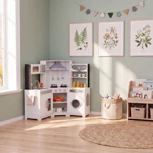 Miniatura 8 de MAMIZO Cocina de juego de esquina para niños, cocina de juguete de simulación de madera, juego de cocina grande con lavadora, campana extractora