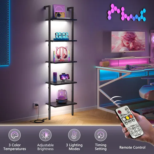 Miniatura 7 de Tajsoon Estante de escalera de 5 niveles con luz, estante de madera para libros montado en la pared, estantería de escalera con marco de metal