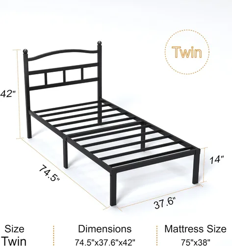 Miniatura 2 de Snaye Base de cama individual de 14 pulgadas con cabecero, plataforma de metal resistente, base de colchón de tamaño individual con listones