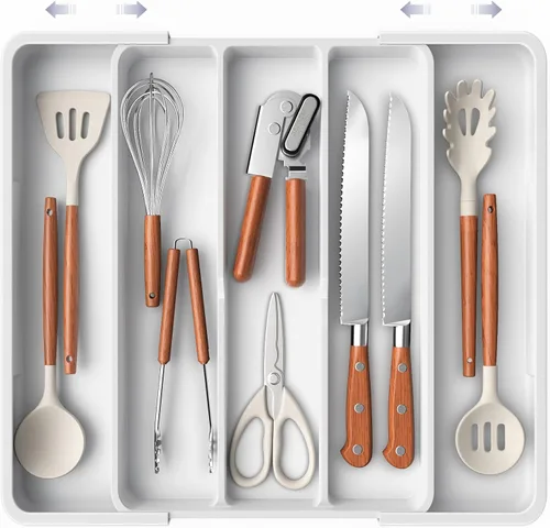 Miniatura 12 de Aujen Organizador de cubiertos – Organizador de cajones de cocina expandible, organizador de utensilios ajustable, bandeja de cubiertos