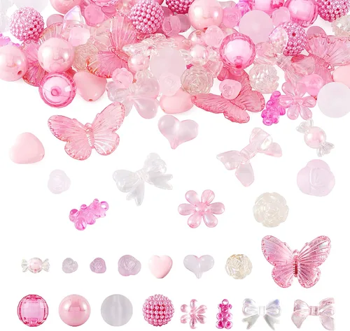 Beadthoven - Juego de cuentas de acrílico rosa surtidas con cuentas de goma de mascar de 0.787 pulgadas (0.787 in), lazo de mariposa, flor y
