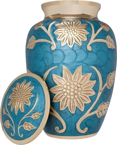 Miniatura 2 de Liliane Memorials - Urna funeraria de flores azules y doradas, urna de cremación para cenizas humanas, latón, adecuada para entierro o nicho