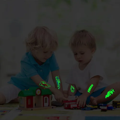 Miniatura 5 de Cerlaza Tatuajes temporales luminosos para niños, 90 estilos de autos brillantes para fiestas de cumpleaños, decoraciones de recuerdos, calcomanías