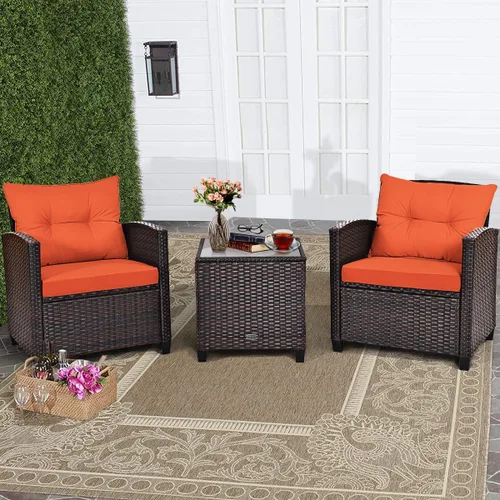 Miniatura 11 de RELAX4LIFE Juego de muebles de patio de 3 piezas, juego de conversación de mimbre con 2 sillones acolchados y mesa con tapa de cristal, juego