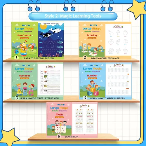 Miniatura 4 de Juego de cuadernos de escritura a mano grandes con ranuras mágicas: paquete de 5 con tabla de rastreo del alfabeto de madera, kit de aprendizaje