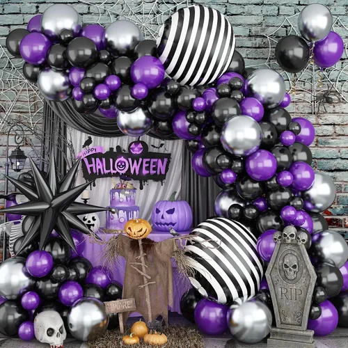 Miniatura 14 de Kit de arco de globos para Halloween – 129 piezas, globos rosados, negros, plateados y blancos con globos de aluminio de fantasmas y estrellas