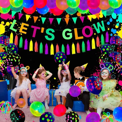 Miniatura 2 de Fondos de fotografía de neón brillantes para fiestas Let's Glow Splatter Fondo fotográfico de 5 x 3 pies, luz negra, colorido, rayo láser, disco