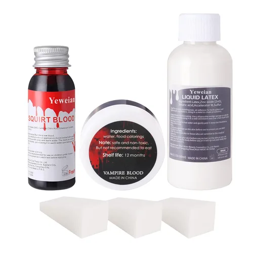 Miniatura 8 de Kit de maquillaje SFX de látex líquido, líquido de látex de 2.1 onzas con gel de sangre falsa coagulada, sangre para chorros y esponja de punteado