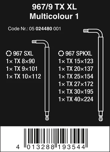 Miniatura 2 de WERA 05024480001 967/9 TX XL Multicolor 1 Juego de llaves en L multicolor para tornillos TORX®, largo, 9 piezas