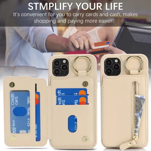 Miniatura 7 de Havaya Funda para iPhone 11 Pro Max con tarjetero y llavero, soporte de cuero, a prueba de golpes, con ranuras para tarjetas de crédito, cremallera