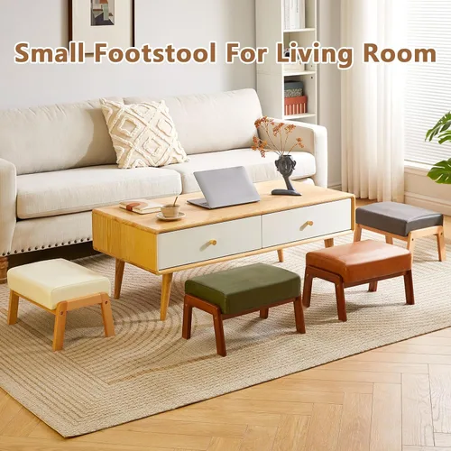 Miniatura 9 de IBUYKE Taburete otomano pequeño de 10.2" de altura, reposapiés rectangular de cuero sintético PU con asiento acolchado y patas de madera, otomano