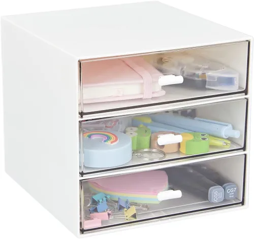 Organizador de escritorio con 3 cajones, caja de almacenamiento de escritorio de plástico transparente, organización de escritorio para suministros