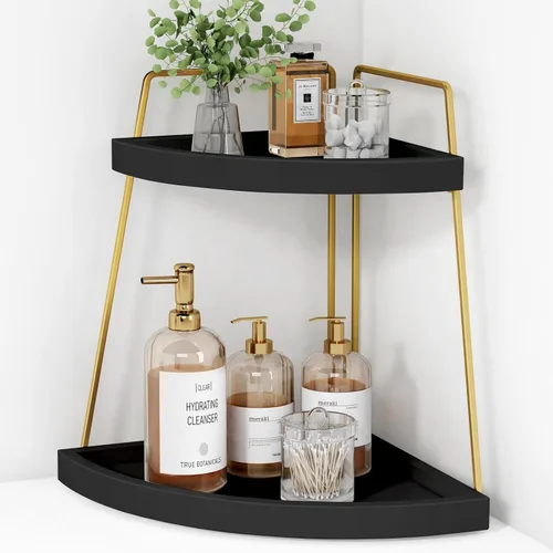 Forbena Organizador de Rincón para Encimera de Baño en Negro y Oro, Organizador Moderno de Encimera de Cocina para Lavabo, Bandeja de Almacenamiento