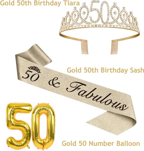 Miniatura 3 de Decoraciones de 50 cumpleaños para mujer en oro con banda y tiara de 50 cumpleaños, adorno para pastel y velas, globos numerados, regalos