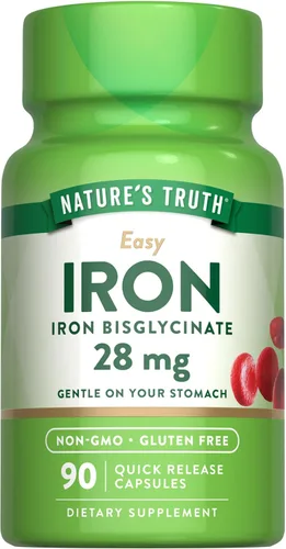 Nature's Truth Suplemento de hierro para mujeres y hombres | 28 mg | 90 cápsulas | Bisglicinato de hierro | Sin OMG, sin gluten
