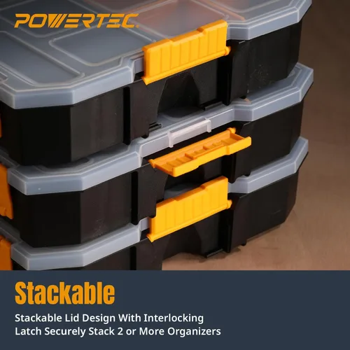 Miniatura 4 de POWERTEC Caja organizadora de herramientas apilable con separadores extraíbles, 17 compartimentos, entrelazado, diseño portátil, paquete de 2 Caja