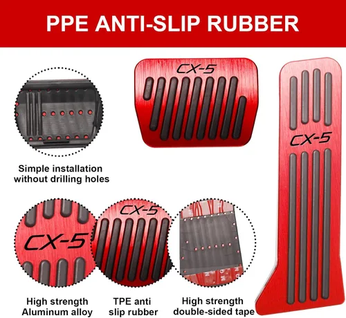 Miniatura 5 de BOYUER Juego de 3 almohadillas antideslizantes para pedal de acelerador de gas de freno de aluminio sin taladrar para Mazda CX-5 2013-2025 (rojo)