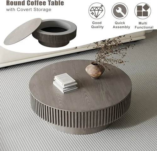 Miniatura 6 de Mesa de centro redonda de 39 pulgadas con almacenamiento, moderna mesa de centro de madera con chapa de madera maciza, mesa central circular