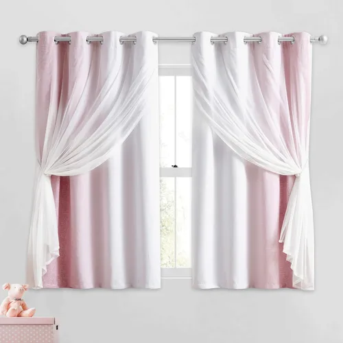 Miniatura 28 de Cortinas 100% opacas con superposición de gasa Mix and Match de doble capa, 54 pulgadas de largo, 2 paneles para dormitorio y sala de estar, azul