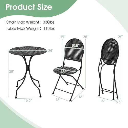 Miniatura 5 de Giantex Juego de mesa de comedor de 3 piezas, juego de mesa de comedor al aire libre para 2, 1 mesa redonda con 2 sillas plegables, resistente al