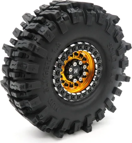 Miniatura 7 de HOBBYSOUL Neumáticos 1.9 de 4.72 pulgadas/4.724 in y ruedas de aluminio 1.9 Beadlock dorado negro para camión oruga 1/10, Axial, SCX10, Traxxas