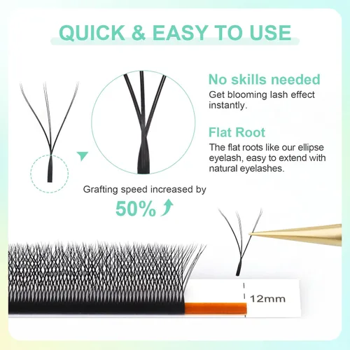 Miniatura 5 de NAGARAKU WW Extensiones de pestañas postizas, suministros de pestañas dobles W, abanico prefabricado 6D, volumen ruso, visón falso negro mate, 12