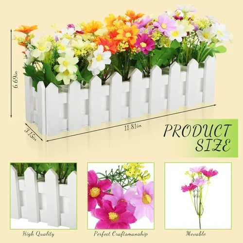 Miniatura 2 de Pinkunn 4 juegos de plantas artificiales en macetas, margaritas falsas en valla de piquete para exteriores, interiores, primavera, verano