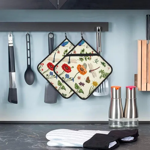 Miniatura 5 de Juego de 2 soportes para ollas de libélula de primavera con diseño de hojas de helecho botánico para cocina, decorativas, resistentes al calor