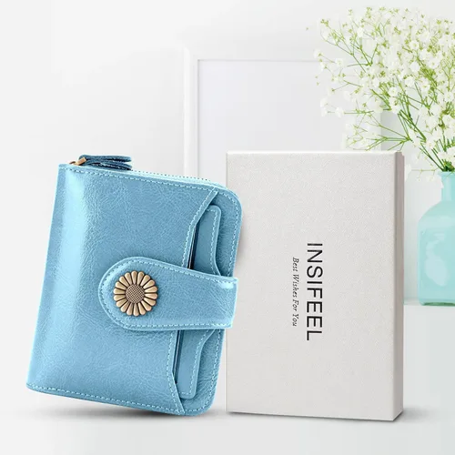 Miniatura 7 de INSIFEEL Billetera pequeña para mujer, bolso compacto de cuero con bloqueo RFID RFID para mujer, Azul claro, Retro