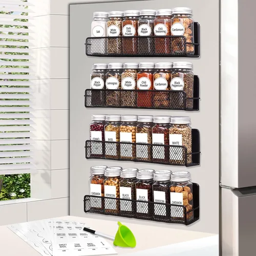 Churboro Estante magnético para especias para refrigerador con tarros de especias, incluye 24 recipientes de condimentos de 4 onzas con etiquetas, 4