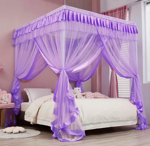 Mengersi Cortinas de cama con dosel tamaño Queen – Cortinas de dosel de cama – Toldo de 4 aperturas para cama – Lindo regalo de decoración de Morado