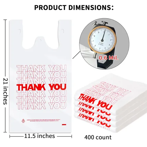 Miniatura 2 de Bolsas de plástico para compras, 400 unidades, HDPE, 15 mic, 0.6 mil, 11.5 x 6.5 x 21 pulgadas, 12 libras, asas colgantes, a prueba de fugas, 400