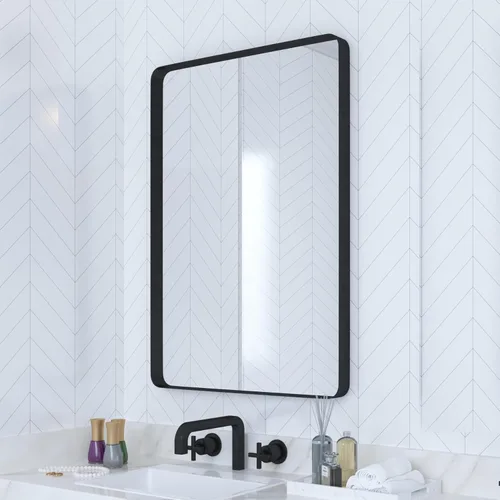 VocalStar - Espejo de baño negro para pared, espejo de tocador de pared de baño con marco de metal rectangular redondeado de 24 x 36 pulgadas estilo