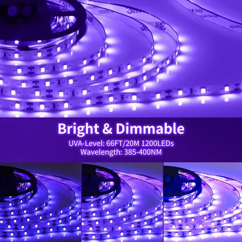 Miniatura 3 de Kit de tira de luz negra regulable de 66 pies/65.6 ft, 1200 LED, accesorios de luz negra flexible de 12 V, 385 nm-400 nm, tira LED de luz negra