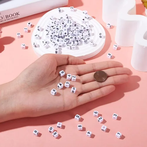 Miniatura 6 de FASHEWELRY 300 cuentas cúbicas de acrílico con números cuadrados mezclados del 0 al 9, cuentas de acrílico blanco de 0.236 x 0.236 pulgadas