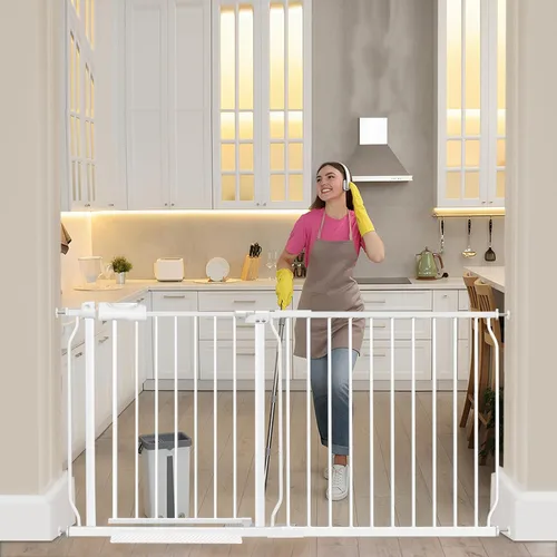 Puerta extra ancha para bebé, puerta extra alta para perros, para escaleras, puertas, tensión de metal blanco, puertas de seguridad para mascotas